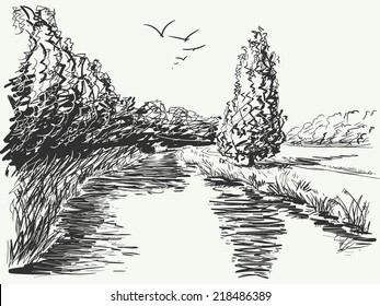 Nature landscape, Hand drawn illustration sketch.