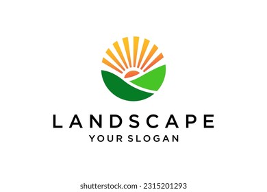 Nature Landscape Hill Green Grass with Sun Logo design