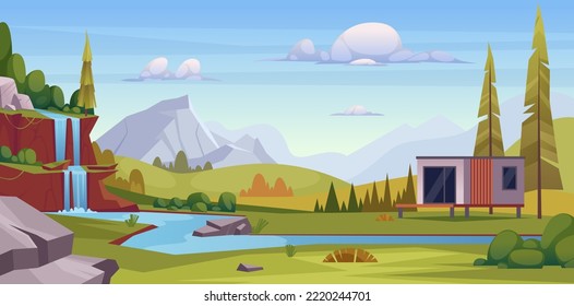 Nature landscape. Horizontal cartoon background with beautiful weather seasonal horizon sky and plants exact vector landscape
