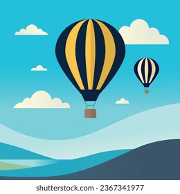 nature landscape with hot balloon and mountains vector illustration by shabrina iqlil