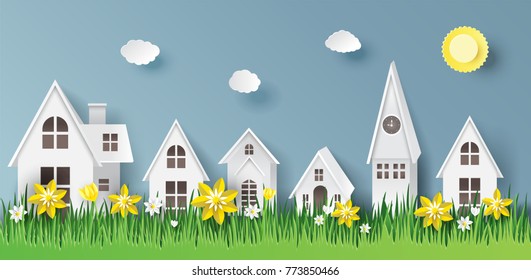 nature landscape with house, flower, meadow, paper art style, for printing, postcard, brochure.vector illustration