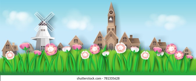 nature landscape with house, flower, meadow, paper art style, for printing, postcard, brochure.vector illustration