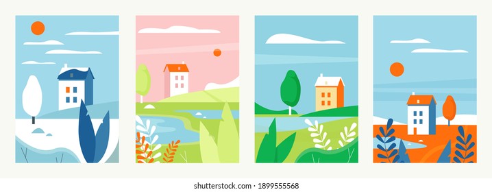 Nature landscape with houses in different seasons vector illustration set. Cartoon vertical simple minimalist landscape design, rural countryside scenes, farm houses in summer autumn winter spring