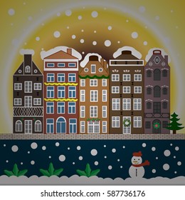 Nature landscape. Landscape with nature and houses. Winter is coming. Vector illustration. Winter city with trees, cute houses, sun.Vector illustration., EPS 10.