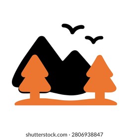 Nature Landscape Icon Containing mountains, forest, outdoor scenery, and environmental conservation. Solid icon