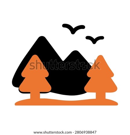 Nature Landscape Icon Containing mountains, forest, outdoor scenery, and environmental conservation. Solid icon