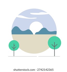 Nature landscape icon logo vector modern simple minimalist design, sun mountain travel scene illustration, sunrise or sunset outdoor adventure background image clip art