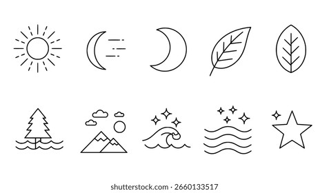 Icono de Naturaleza y paisaje en un estilo de arte lineal simple y limpio. Una colección de Elementos minimalistas al aire libre como montañas, sol y árboles.