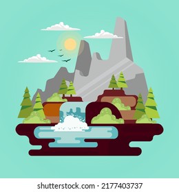 Nature landscape icon vector illustrations. Premium hills and waterfall vector icon cartoon.