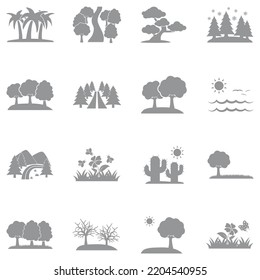 Iconos paisajísticos de la naturaleza. Diseño plano gris. Ilustración vectorial.