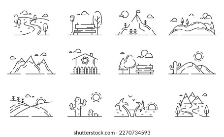 Nature landscape icons. Mountains and meadows. Desert cactus. Rock cliffs. Sea beach. Park bench. Natural rivers. Valley and forest scenery. Fields panorama. Vector garish line symbols set