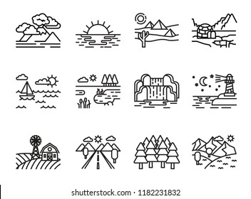 Nature Landscape Icons set. Line Style stock vector.