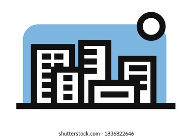 Nature Landscape Icons. Vector Line Icons. Linear Flat Buildings, skyscrapers, business center, offices, apartmen with moon filled bold outline and blue square on white background vector illustration