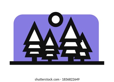 Nature Landscape Icons. Vector Line Icons. Tree line outline icon with blue square and moon filled bold outline on white. Woodland ecology. Evergreen plant. Tree icon outdoor illustration logo vector.