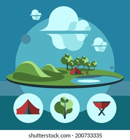 Nature landscape illustration.  Camp in the forest, lake and clouds. Flat design icon set