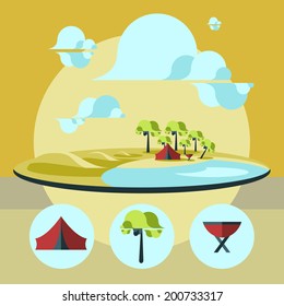 Nature landscape illustration.   Camp on the sand, lake and clouds. Flat design icon set