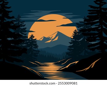 Nature landscape illustration with moon rising over mountain