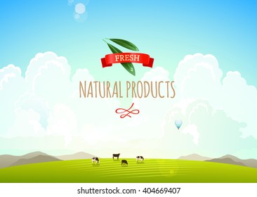 Nature landscape illustration with mountains, hills and clouds. Cows on a green meadow. Concept of fresh, natural products