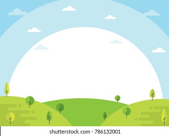 Nature landscape Illustration. Natural landscape in a flat style on blue background. Cute flat design with trees. Summer landscape illustration. 