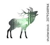 Nature Landscape Inside of Noble Deer. Illustration on White Backdrop Art Style, Double Exposure. Save Nature and Wildlife Concept. Ecology, Environment Conservation