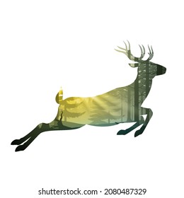 Nature Landscape inside of Running Noble Deer. Illustration on White Background Art Style, Double Exposure