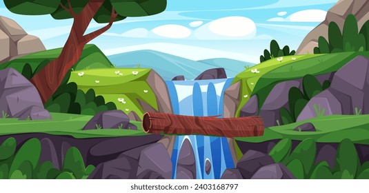 Nature landscape of jungle with rocky mountains, waterfalls and cliffs. Vector scene with log bridge connecting banks of river. Game scenery, rocks and meadow with grass and blooming flowers
