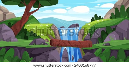 Nature landscape of jungle with rocky mountains, waterfalls and cliffs. Vector scene with log bridge connecting banks of river. Game scenery, rocks and meadow with grass and blooming flowers