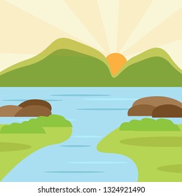 Nature landscape. Lake and mountain view.Vector illustration.