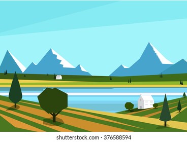 nature landscape, lake view with mountains. vector illustrator.