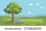 Nature Landscape with Large Tree and Rock.Scenic Meadow View with a Shade Tree and Grey Stones.Countryside Environment with Green Hills and Summer Sky