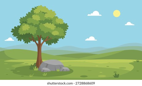 Nature Landscape with Large Tree and Rock.Scenic Meadow View with a Shade Tree and Grey Stones.Countryside Environment with Green Hills and Summer Sky