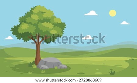 Nature Landscape with Large Tree and Rock.Scenic Meadow View with a Shade Tree and Grey Stones.Countryside Environment with Green Hills and Summer Sky