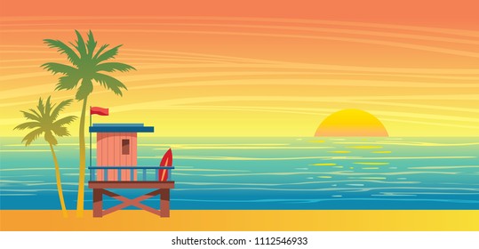 Nature landscape with lifeguard station, palm tree and blue sea on a sunset sky. Vector summer illustration. svg