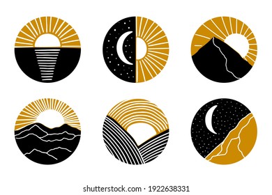 Nature landscape in line art style. Hand drawn mountains, sun, moon, sea, ocean, fields, walleys. Icons, logos design. Branding style identity. Earth landscapes, sunset, sunrise illustration.