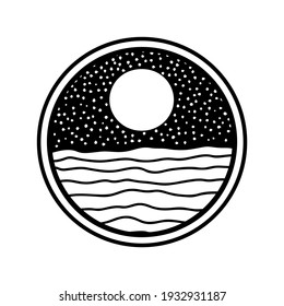 Nature landscape in line art style. Hand drawn moon, sea, ocean. Icon, logo design. Branding style identity. Earth landscapes, sunset, sunrise illustration.