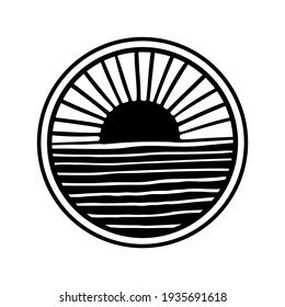 Nature landscape in line art style. Hand drawn sun, sea, ocean. Icon, logo design. Branding style identity. Earth landscapes, sunset, sunrise illustration. Black and white colors.