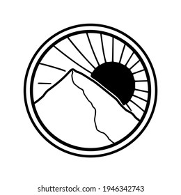 Nature landscape in line art style. Hand drawn sun, mountains. Icon, logo design. Branding style identity. Earth landscapes, sunset, sunrise illustration. Black and white colors.