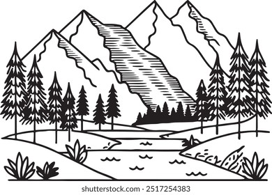 Nature Landscape Line Art A tranquil outdoor