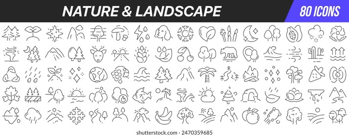 Nature and landscape line icons collection. Big UI icon set in a flat design. Thin outline icons pack. Vector illustration EPS10