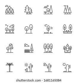 Nature landscape line icons set. linear style symbols collection, outline signs pack. vector graphics. Set includes icons as forest trees, desert cactus, tropical palm tree, clouds, sun, lake