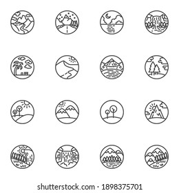 Nature landscape line icons set, outline vector symbol collection, linear style pictogram pack. Signs, logo illustration. Set includes icons as waterfall, forest, mountain landscape, ocean beach, sea