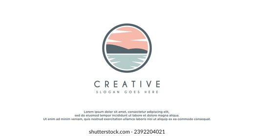 nature landscape logo design with lake,sea and meadow vector illustration