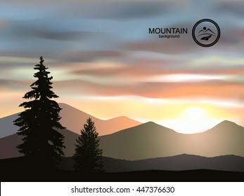 Nature landscape with logo emblem. Silhouette of two coniferous trees on the background of mountains and colorful sky. Cloudly. Sunrise.