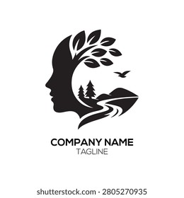 Nature Landscape logo features a serene mountain and forest scene framed within a human head silhouette, symbolizing the internal reflection of nature and outdoor adventure, perfect for outdoor apparel brands, travel agencies, eco-tourism companies, or mental health initiatives seeking a thoughtful, adventurous, and nature-focused visual brand identity.