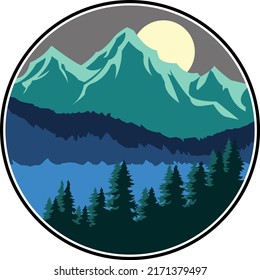 Nature and landscape logo on the background of mountains. Vector illustration of trees, forest, and villages. Picture for background, card or cover