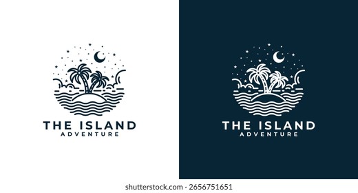 Nature landscape logo with palm tree on the island, sea or beach, and crescent moon at night in vintage style monoline vector design