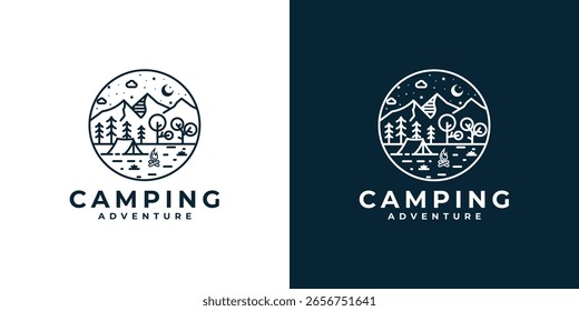 Naturlandschaft Logo mit Baum, Camping, Lagerfeuer und Halbmond in der Nacht im Vintage-Stil Monoline Vektordesign
