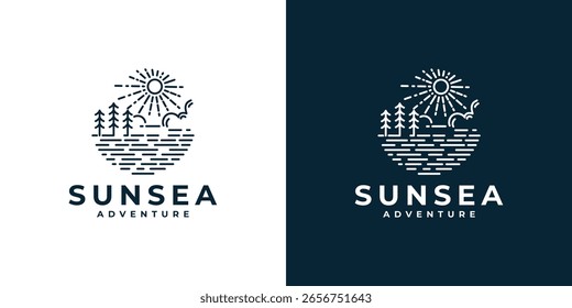 Naturlandschaft Logo mit Bäumen am Strand oder Meer und Sonnenuntergang oder Sonnenaufgang im Vintage-Stil Monoline Vektordesign