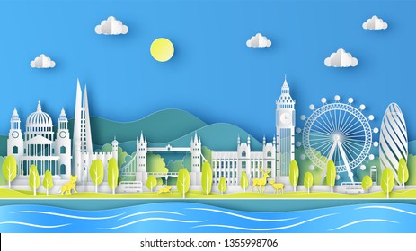 Nature landscape of London city, England in Spring season with the world famous architecture in London, England. paper cut and craft style. vector, illustration.