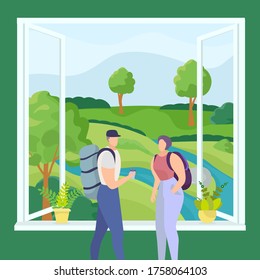 Nature landscape for man woman people, vector illustration. Travel activity, tourist at large window look at mountain. Flat happy holiday lifestyle, vacation cartoon adventure at forest.